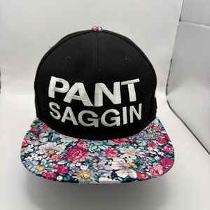 Crown Snapback Hat Black Floral Brim "PANT SAGGIN" Logo Embroidered Hip Hop